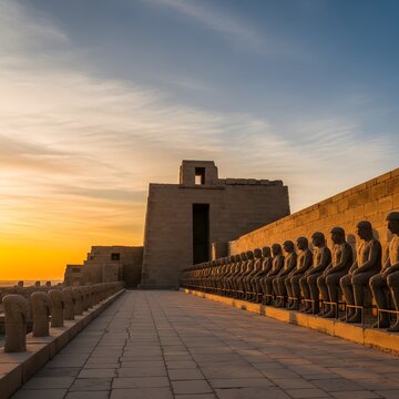 Ancient stone statues lined up at a historic temple complex during a beautiful golden hour sunset