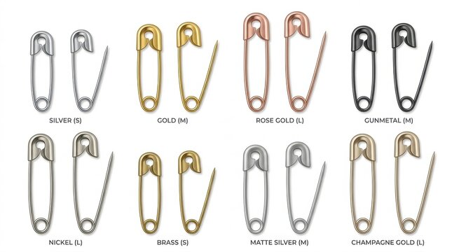 A collection of various metal safety pins arranged in rows on a plain white background for sewing projects
