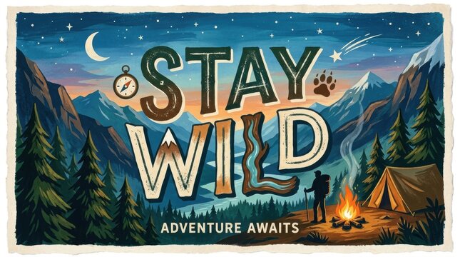 Stay wild adventure awaits lettering design featuring a campfire scene with mountains and a starry night sky background illustration