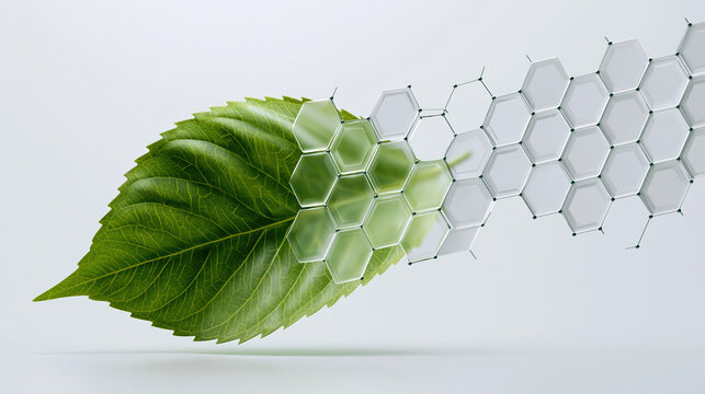 Vibrant green leaf partially covered by transparent hexagonal glass shapes, symbolizing nature and technology merging in clean, modern design