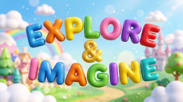 Colorful 3d bubble letters spelling explore and imagine set against a whimsical fantasy landscape with clouds and rainbow