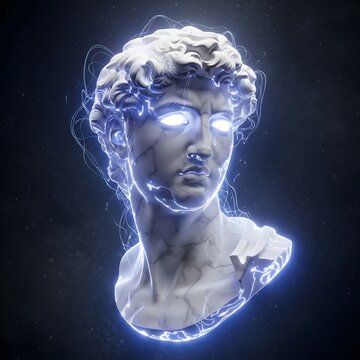 Surreal marble sculpture of david head with glowing blue electric energy sparks and dark background