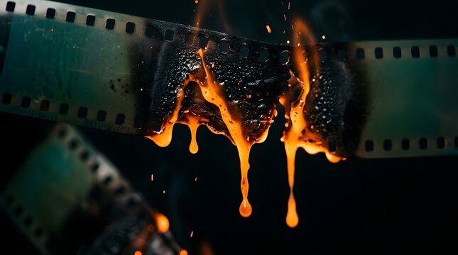Burning 35mm film strip with bright orange flames and melting plastic on black background
