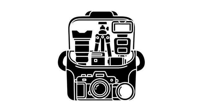 Camera bag with digital equipment lenses and tripod graphic
