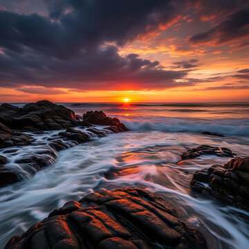 serene ocean waves crashing on rocks at sunset