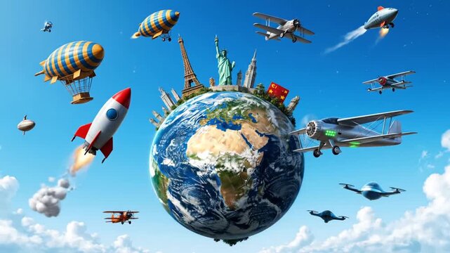 Global travel and transportation around earth with world landmarks