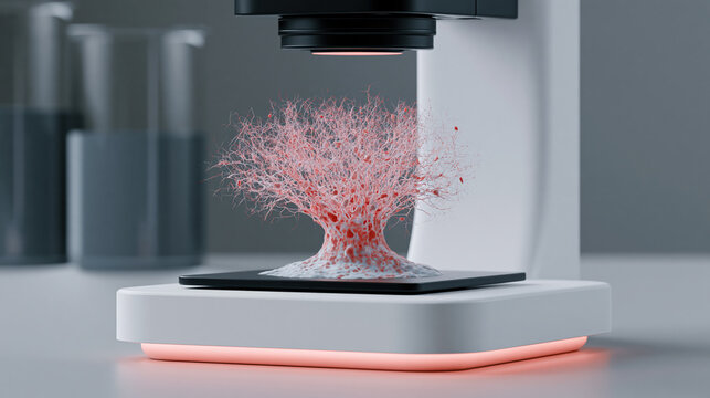 Microscopic view of complex red and white cellular structure resembling tree under modern microscope in laboratory setting, showcasing detailed biological research