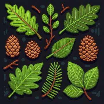 Set of pixel art forest elements including green leaves, pine cones, and small wooden branches
