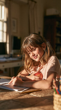 A Girl's Study Time: A young girl with a focused expression, illuminated by soft natural light, diligently works on her studies at a wooden desk, a gentle smile gracing her lips.