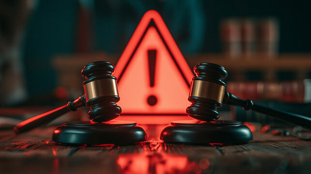 Legal Peril: Two wooden gavels and a stark red warning sign with an exclamation mark evoke a sense of imminent legal danger or a critical legal situation.