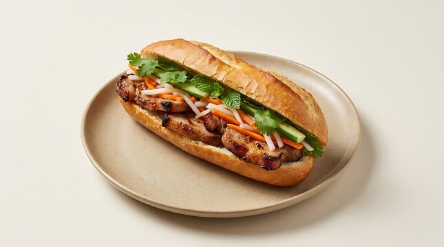 A fresh vietnamese banh mi sandwich with grilled pork and vegetables on a green plate. banh mi thit nuong