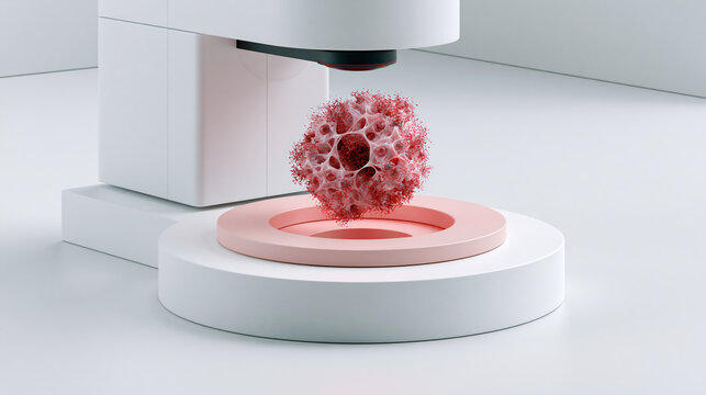 3D illustration of red virus or cell under white microscope in minimalist laboratory setting, highlighting scientific research and medical study with clean background