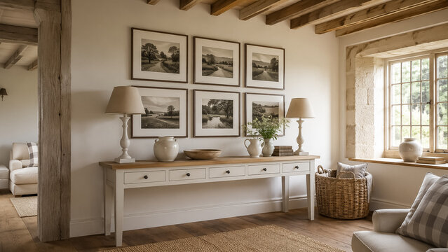 Interior of a comfortable farmhouse style living room featuring a console table, gallery wall, and a large window
