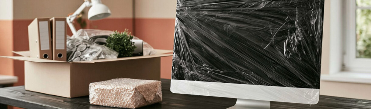 Moving Out: A computer monitor covered in protective plastic wrap sits on a desk next to an open moving box filled with office supplies, signaling a change or transition.