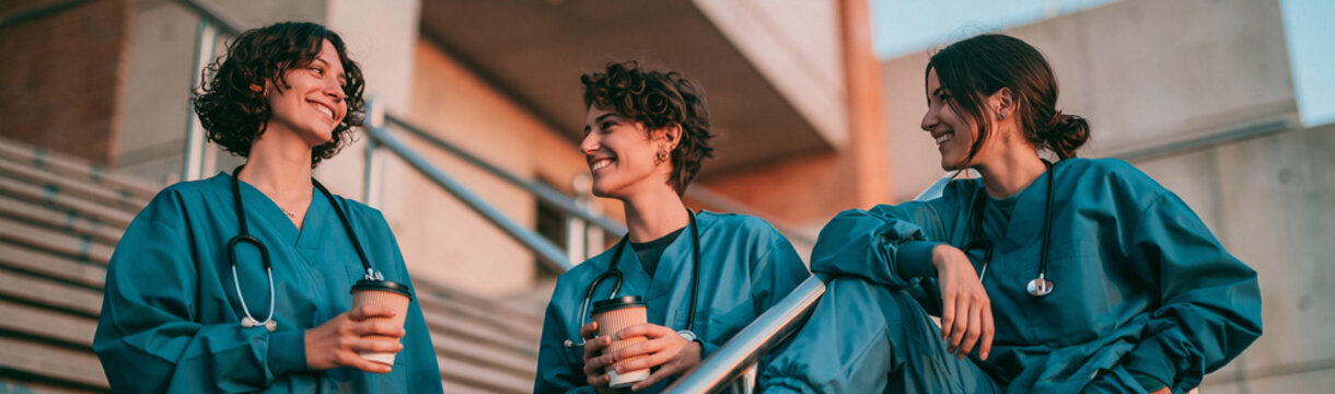 Healthcare Heroes Unwinding: Three female healthcare professionals in teal scrubs, adorned with stethoscopes, share a moment of respite on a staircase, holding coffee cups.