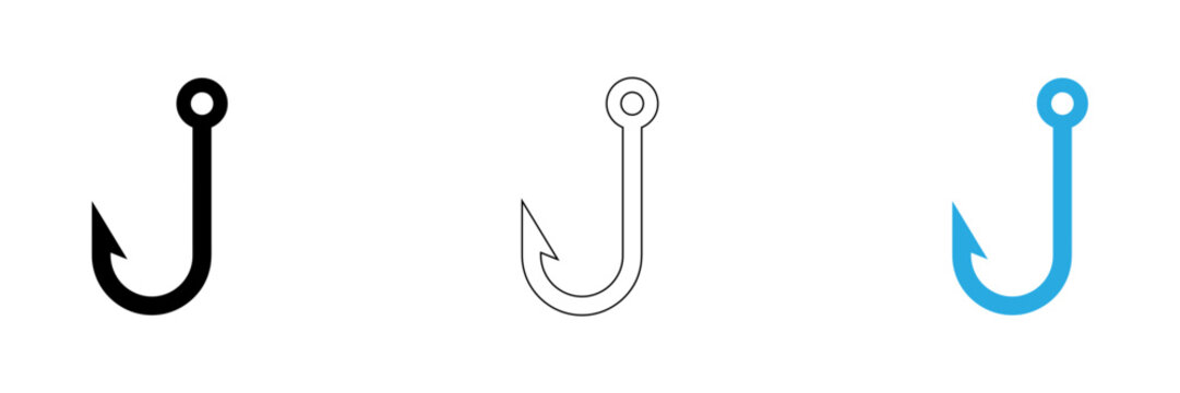 Minimalist fishing hook icons in black, white and blue color variations isolated on transparent background, Vector