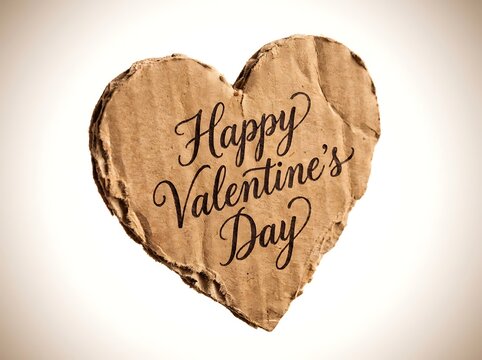 A rustic heart shape made of textured cardboard with the words happy valentines day written in elegant black cursive calligraphy script font
