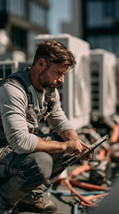 Fototapeta premium HVAC Technician at Work: A focused HVAC technician with a beard, wearing overalls, crouches while examining a tablet computer on a rooftop with multiple air conditioning units.