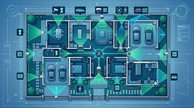 Smart home security blueprint with surveillance cameras and sensors