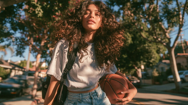 Basketball Starlet: A confident young woman with curly hair strides purposefully down a suburban street, holding a basketball and exuding an aura of athletic prowess and youthful energy.