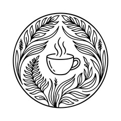 Fototapeta premium Coffee shop logo design with steaming cup and botanical leaf wreath in circular frame