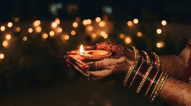 Closeup of hands with intricate henna patterns holding a glowing diya lamp with colorful bangles against a blurred bokeh light background