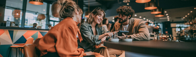 Fototapeta premium Coffee Break Conversations: Three friends engrossed in conversation at a trendy coffee shop, sharing a mobile device while enjoying their beverages in a relaxed, modern ambiance.