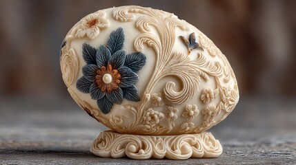 Obraz premium Ornate, cream-colored egg, adorned with carved floral details and a hummingbird on a stand