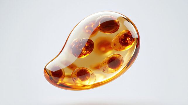 Glowing amber colored synthetic pod with multiple embedded spheres, showcasing high fidelity and smooth reflective surface, floating on clean white background