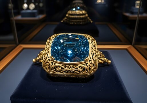 Exquisite blue gemstone jewelry with intricate gold filigree in a museum display glass case