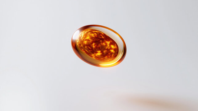 Glowing amber colored synthetic pod with smooth surface and fiery internal texture floating on light background, emitting warm and vibrant energy
