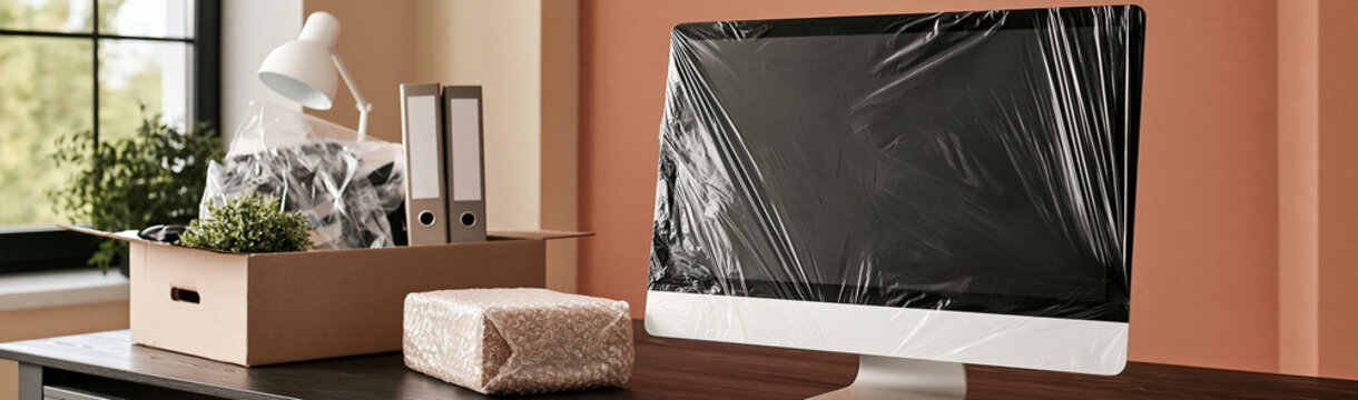 Moving Day Essentials: A computer monitor wrapped in protective film sits beside a box of packed belongings and a desk lamp, signifying the process of relocating or storing items.
