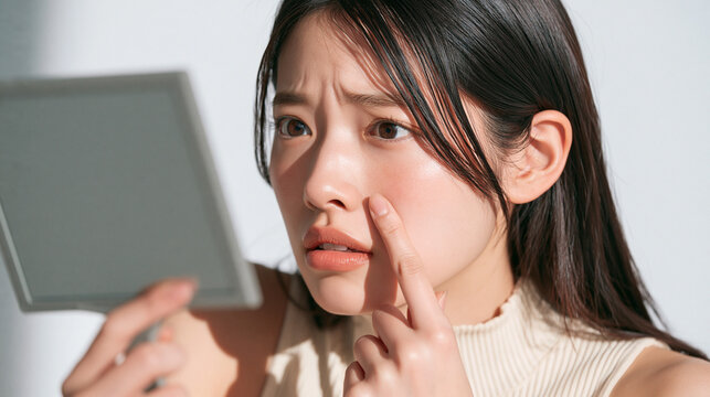 Concerned Woman Examines Skin: A young Asian woman with dark hair holds a mirror and touches her cheek, expressing concern about her complexion.
