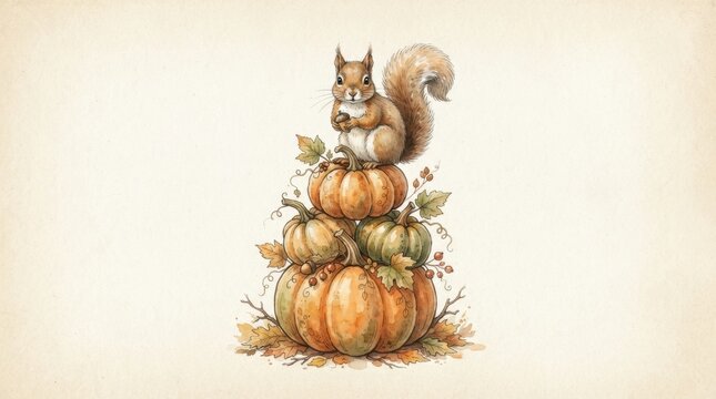 Cute squirrel perched on a stack of autumn pumpkins and fall leaves, watercolor illustration