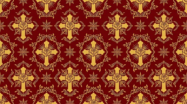 Gothic damask pattern with golden roses and religious crosses
