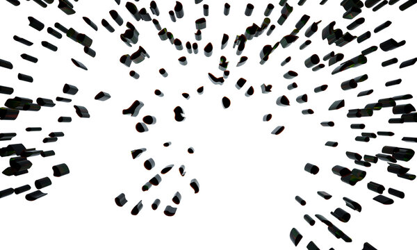 Abstract pattern of dark scattered fragments radiating outwards, creating a tunnel effect, isolated on transparent background