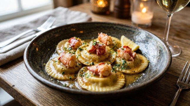 gourmet lobster ravioli topped with lobster meat and butter sauce