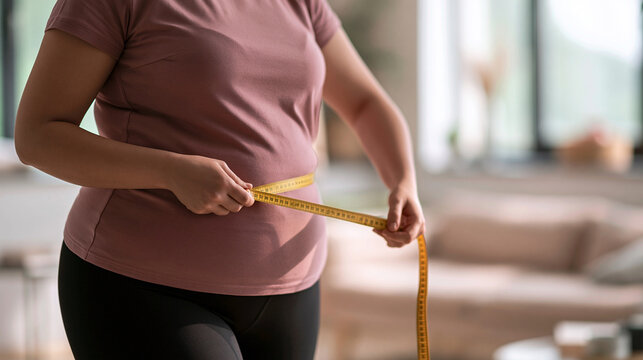 Measuring Progress: A woman uses a measuring tape to gauge her waistline, symbolizing a journey towards health and fitness.