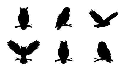 Naklejka premium 70 Owl Silhouettes Collection: Perched, Flying, and Winged Bird Icons for Nature and Wildlife Graphics 100