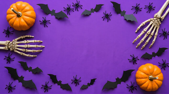 A festive halloween background featuring orange pumpkins skeleton hands and black bats arranged on a vibrant purple flat lay surface