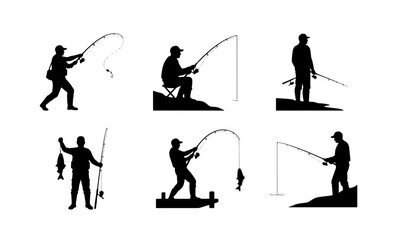Naklejka premium 70 Fishing Silhouettes Collection: Angler Poses, Catching Fish, Outdoor Recreation Vector Icons 100