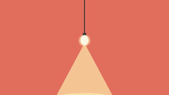 A minimalist light bulb hanging from a wire illuminates an orange background with a sharp cone of light in flat style.