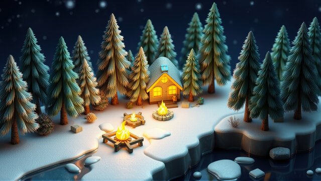 Cozy cabin nestled among snow covered pines. Warm firelight illuminates winter landscape, peaceful scene.