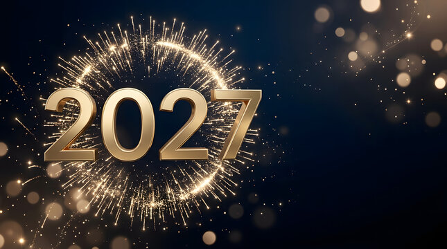 Elegant 2027 New Year Celebration Banner with Golden Numbers, Fireworks and Festive Bokeh