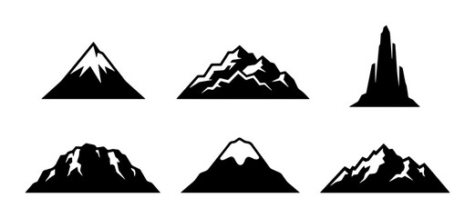 70 Mountain Icons Set, Diverse Summit Silhouettes, Snow-Capped Peaks, Rugged Terrain, Vector Graphics for Adventure and Nature Themes 100 © Ravo