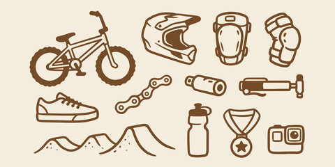 Fototapeta premium Bmx and mountain biking equipment icons with mountain equipment activity exercise collection recreation training tournament competition physical isolated illustration