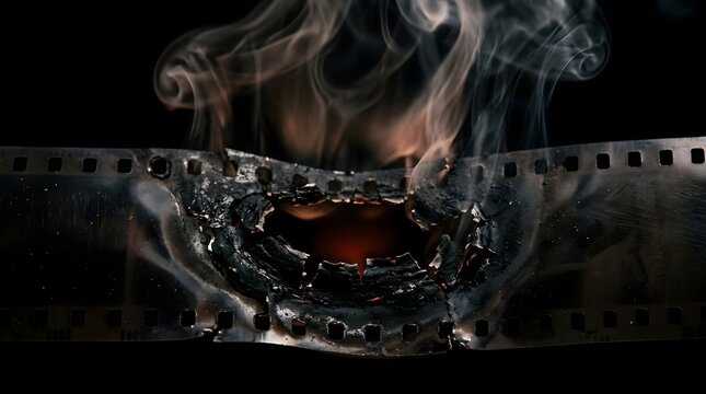 Burning 35mm film strip with smoke on black background, cinematic destruction concept