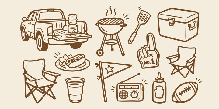 Tailgating and outdoor barbecue picnic line art icons with tailgating barbecue football recreation gathering illustration monochrome elements vacation lifestyle activity celebration