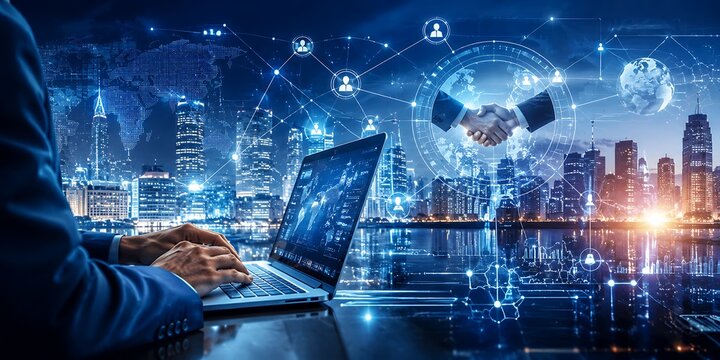 Businessman working on laptop with global business network connection