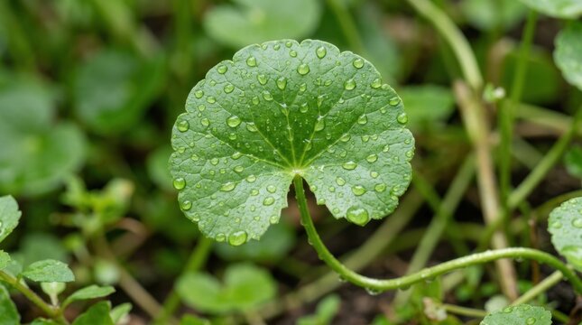 macro shot of fresh gotu kola leaf with water droplets
